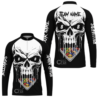 Customized Billiards Stand Collar Quarter-Zip Long Sleeve Jersey, Personalized Skull 8 Ball Gift For Billiard Players