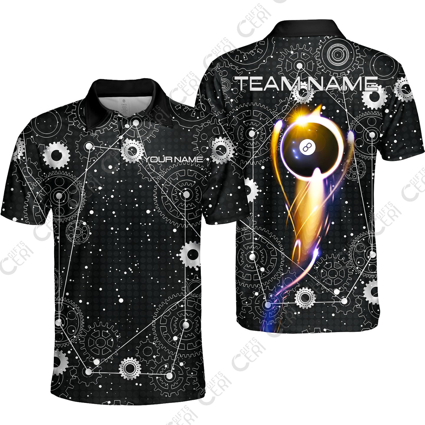 Customized Billiards Unisex Polo Shirt, Personalized 8 Ball Lighting Gear Pattern Jersey Gift For Billiard Players