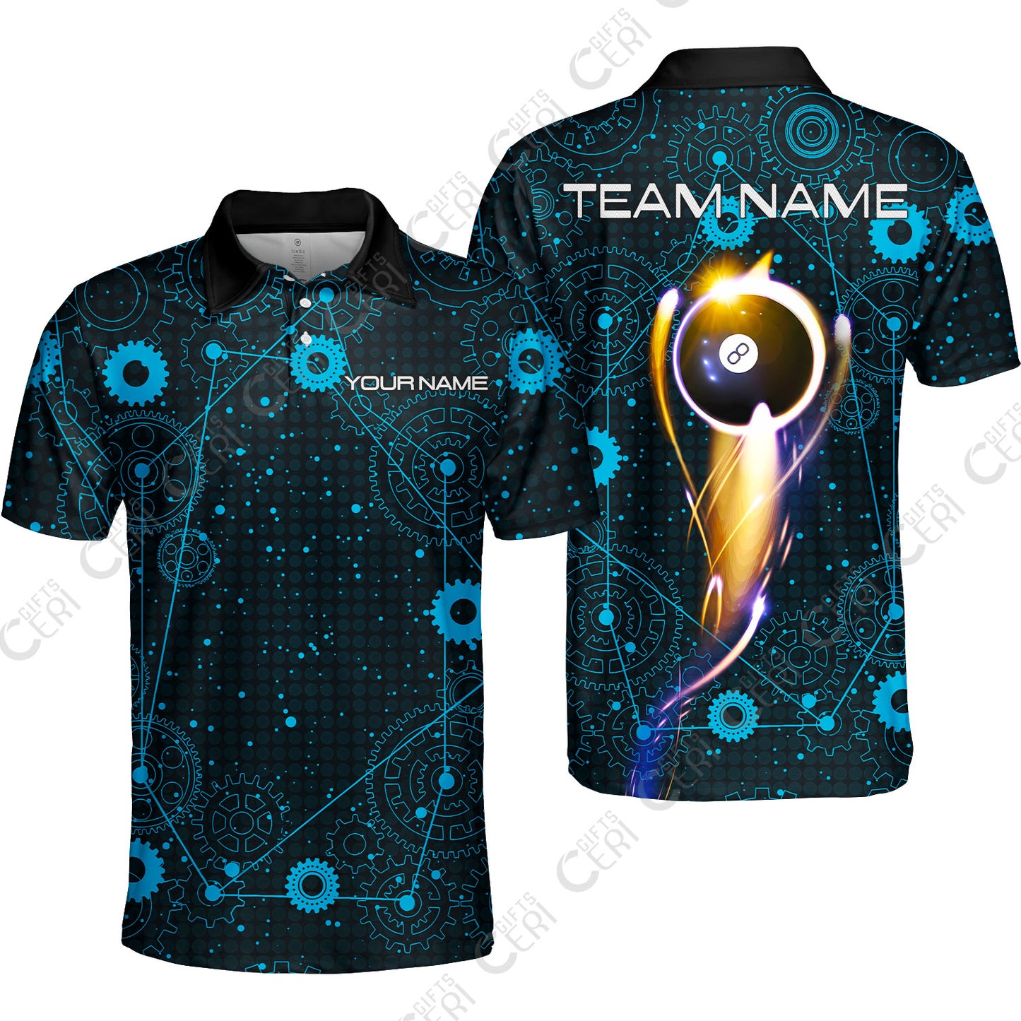 Customized Billiards Unisex Polo Shirt, Personalized 8 Ball Lighting Gear Pattern Jersey Gift For Billiard Players