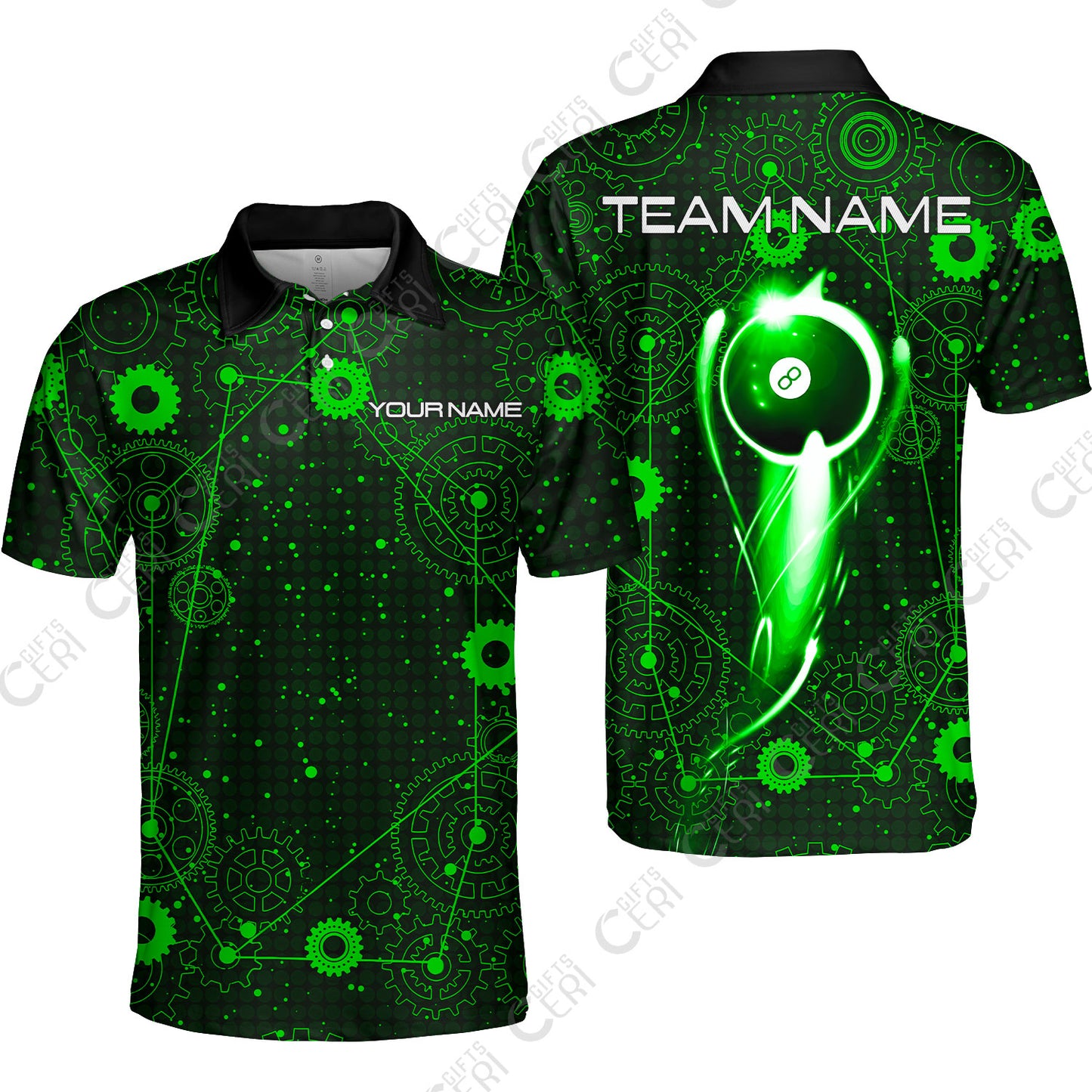 Customized Billiards Unisex Polo Shirt, Personalized 8 Ball Lighting Gear Pattern Jersey Gift For Billiard Players