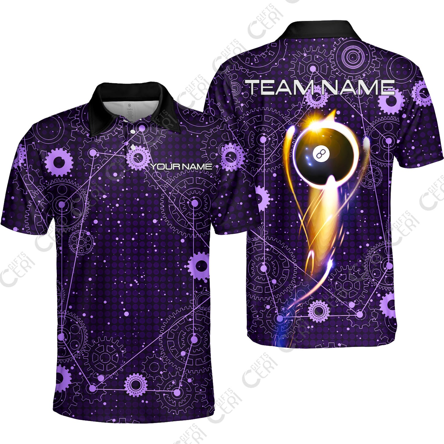 Customized Billiards Unisex Polo Shirt, Personalized 8 Ball Lighting Gear Pattern Jersey Gift For Billiard Players