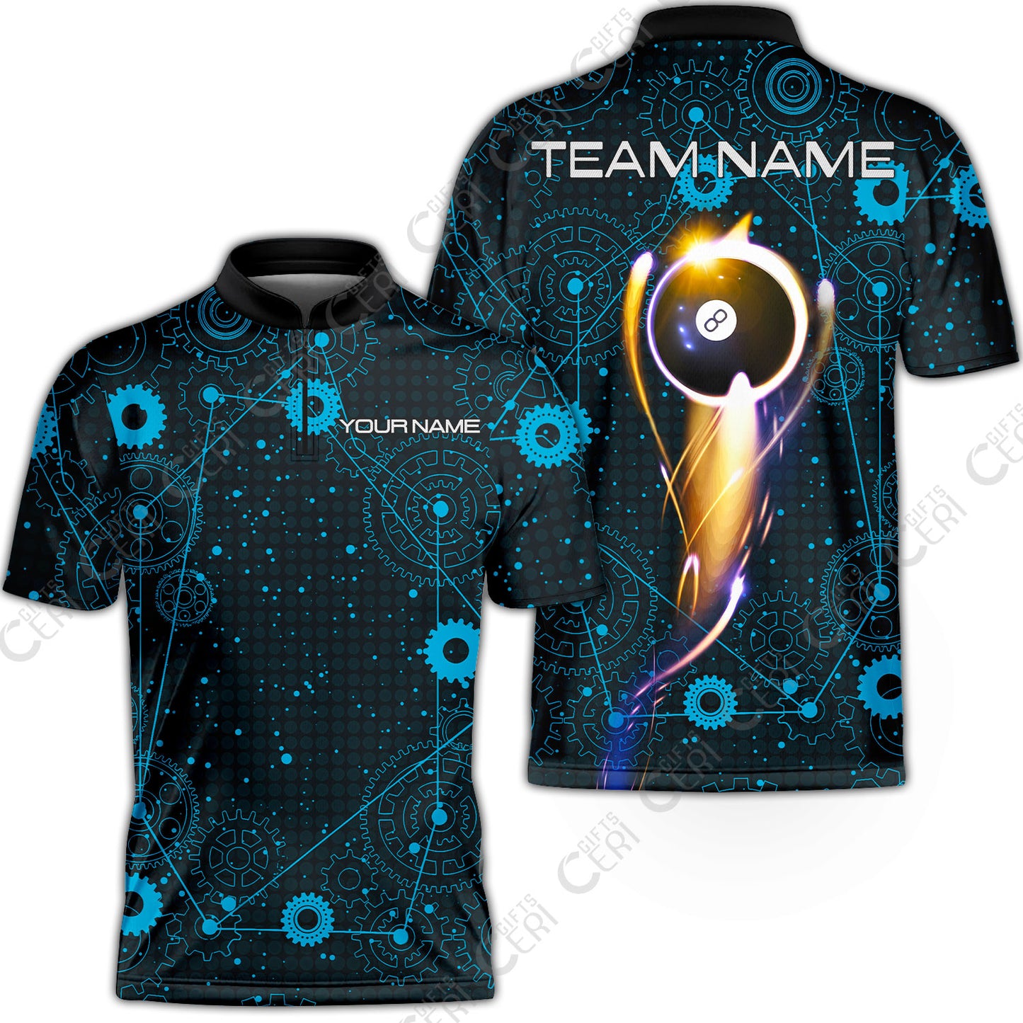 Customized Billiards Stand Collar Quarter-Zip Short Sleeve Jersey, Personalized 8 Ball Lighting Gear Pattern Jersey