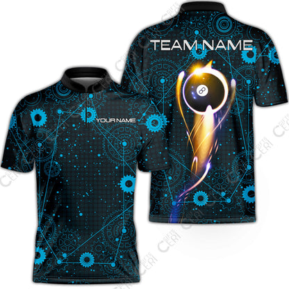 Customized Billiards Stand Collar Quarter-Zip Short Sleeve Jersey, Personalized 8 Ball Lighting Gear Pattern Jersey