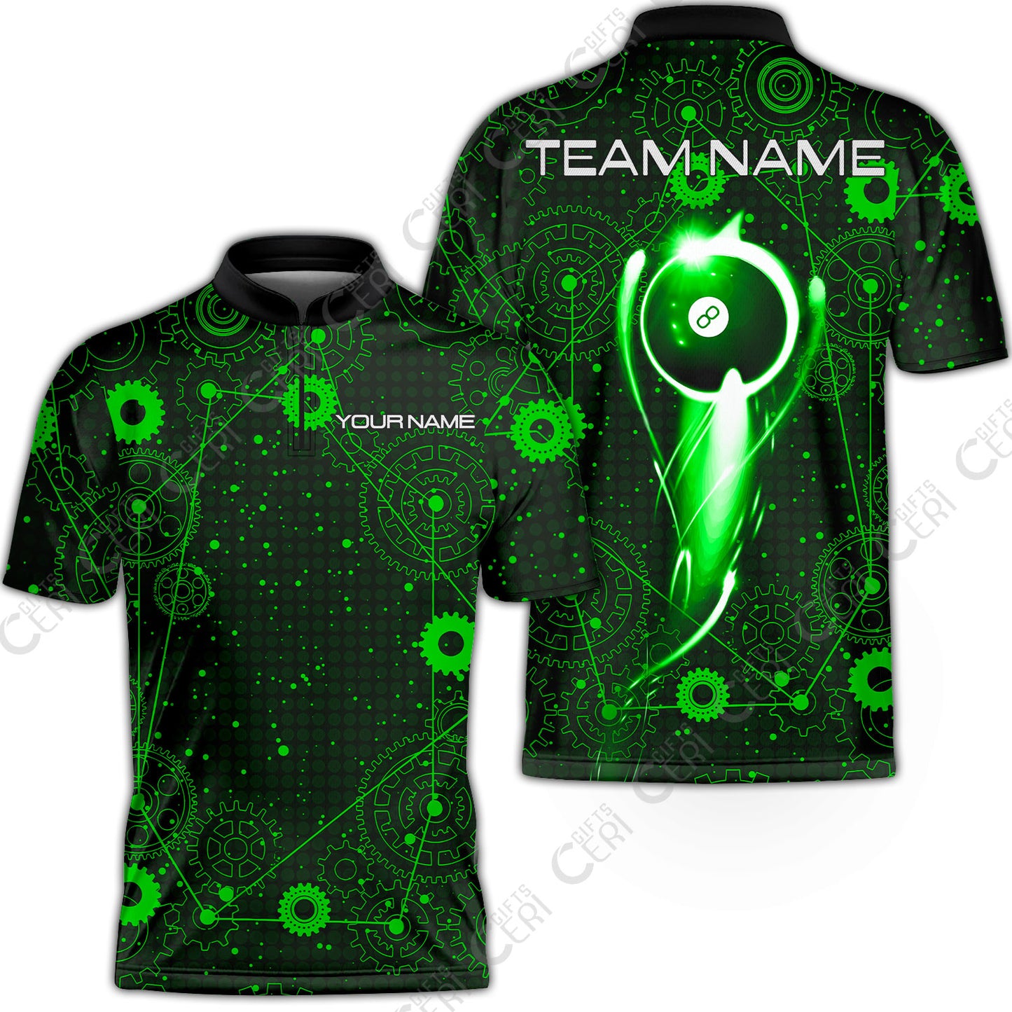 Customized Billiards Stand Collar Quarter-Zip Short Sleeve Jersey, Personalized 8 Ball Lighting Gear Pattern Jersey