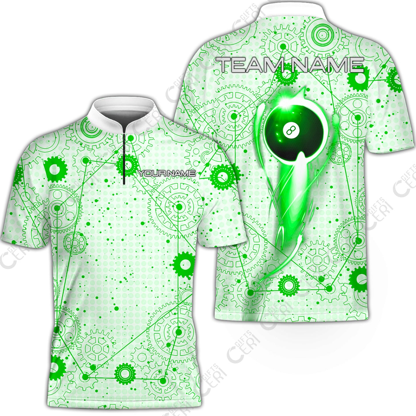 Customized Billiards Stand Collar Quarter-Zip Short Sleeve Jersey, Personalized 8 Ball Lighting Gear Pattern Jersey