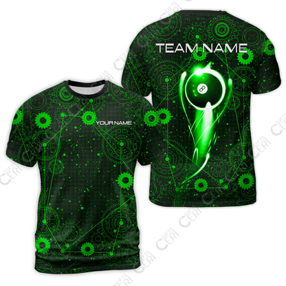 Customized Billiards T-Shirt, Personalized Billiard 8 Ball Lighting Gear Pattern Jersey Gift For Billiard Players