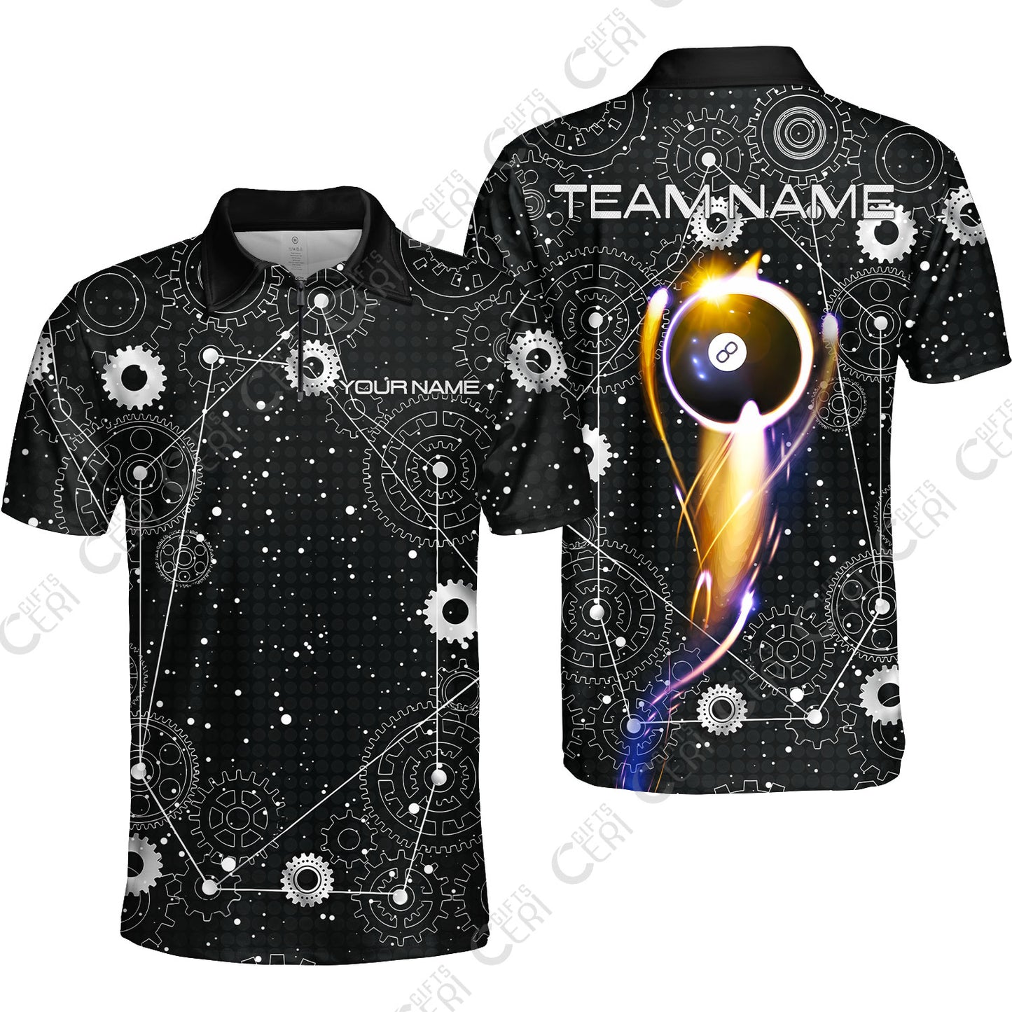 Customized Billiards Quarter-Zip Polo Shirt, Personalized 8 Ball Lighting Gear Pattern Jersey Gift For Billiard Players