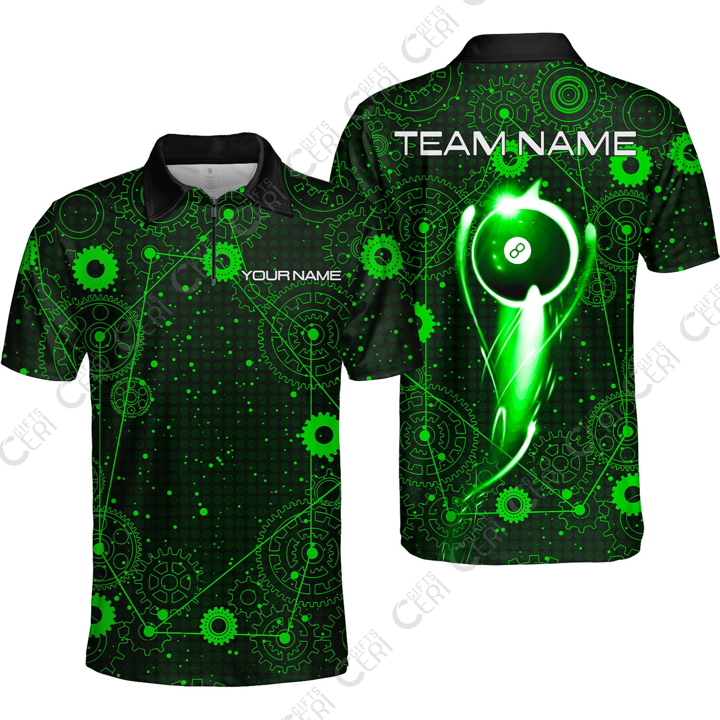 Customized Billiards Quarter-Zip Polo Shirt, Personalized 8 Ball Lighting Gear Pattern Jersey Gift For Billiard Players