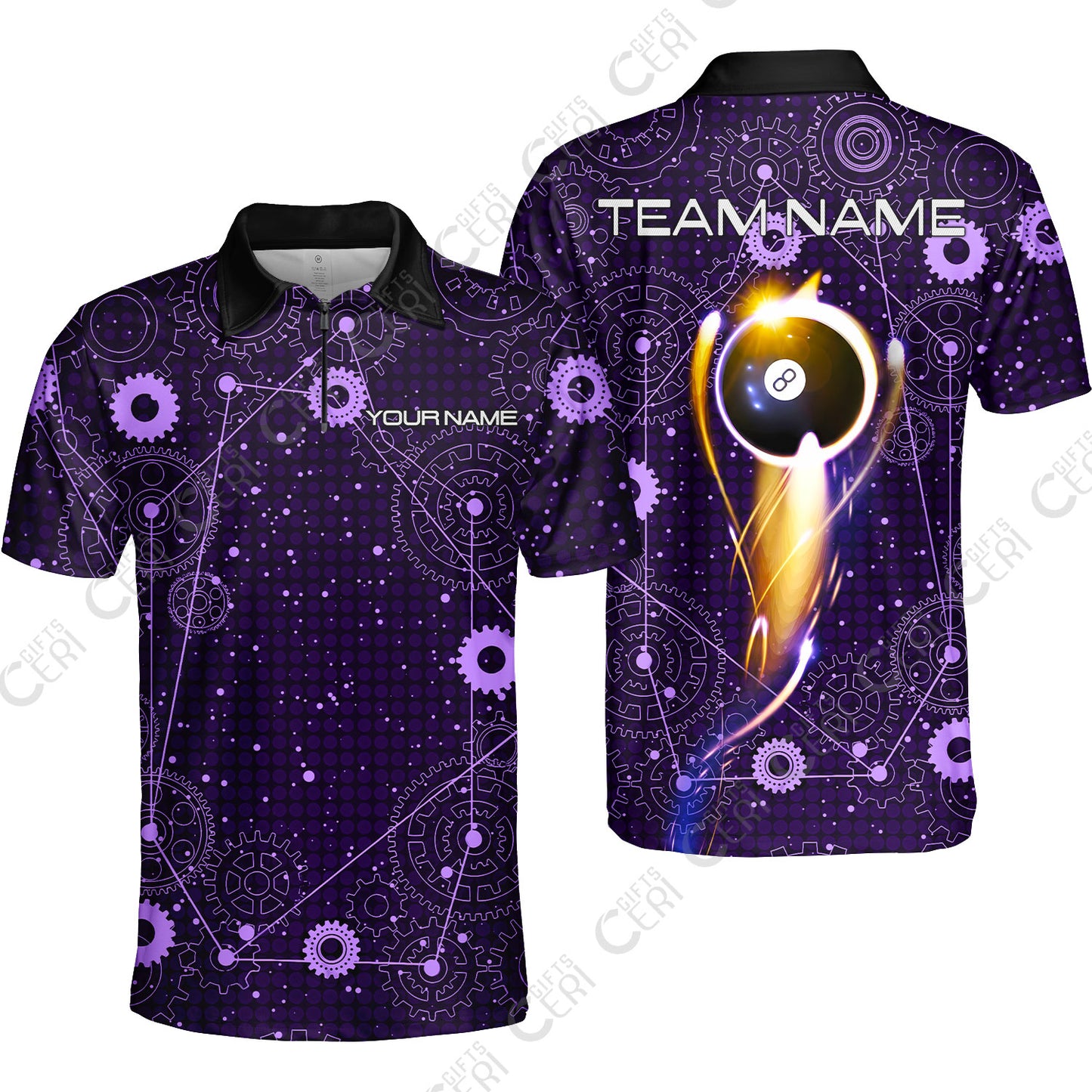 Customized Billiards Quarter-Zip Polo Shirt, Personalized 8 Ball Lighting Gear Pattern Jersey Gift For Billiard Players