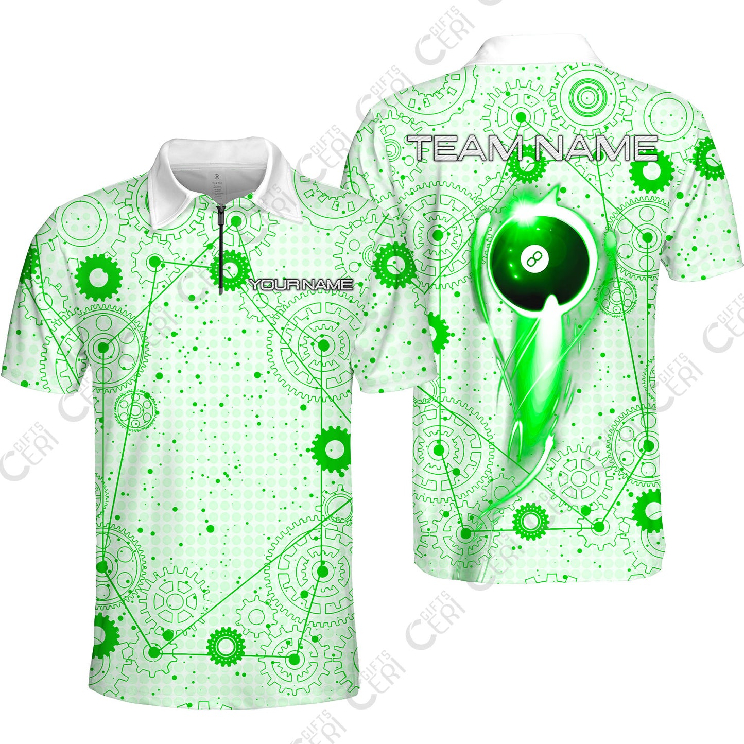 Customized Billiards Quarter-Zip Polo Shirt, Personalized 8 Ball Lighting Gear Pattern Jersey Gift For Billiard Players