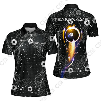 Customized Billiards Women Polo Shirt, Personalized 8 Ball Lighting Gear Pattern Jersey Gift For Billiard Players