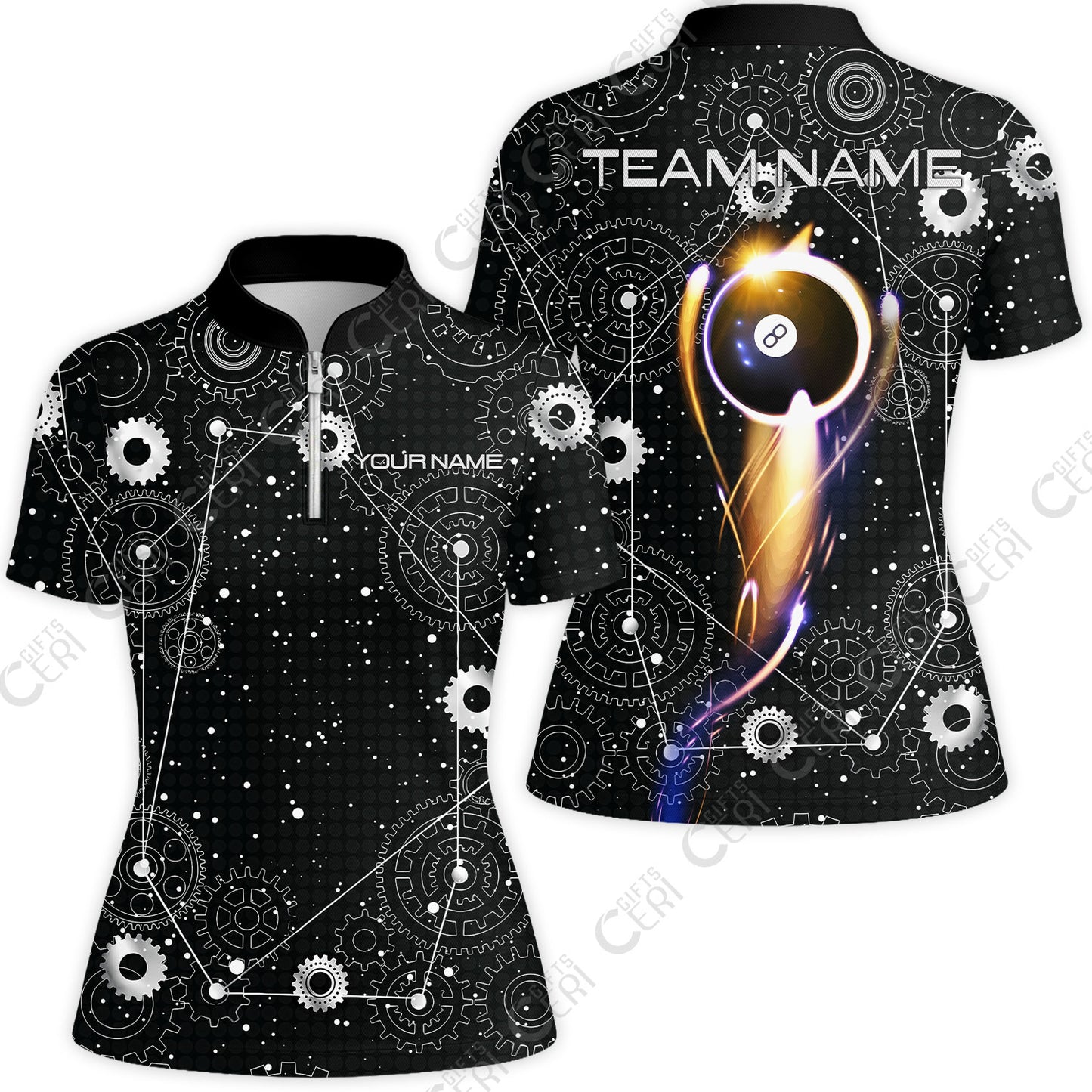 Customized Billiards Stand Collar Quarter Zip Short Sleeve Women's Shirt, Personalized 8 Ball Lighting Gear Pattern Jersey