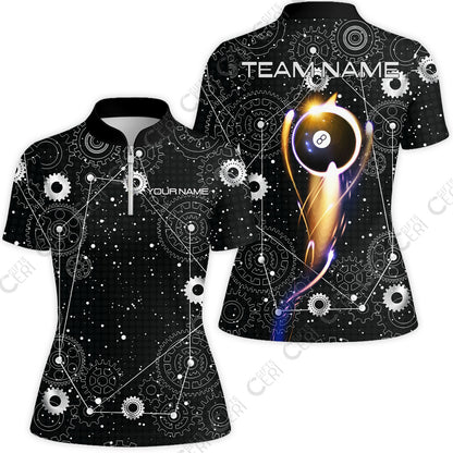 Customized Billiards Stand Collar Quarter Zip Short Sleeve Women's Shirt, Personalized 8 Ball Lighting Gear Pattern Jersey