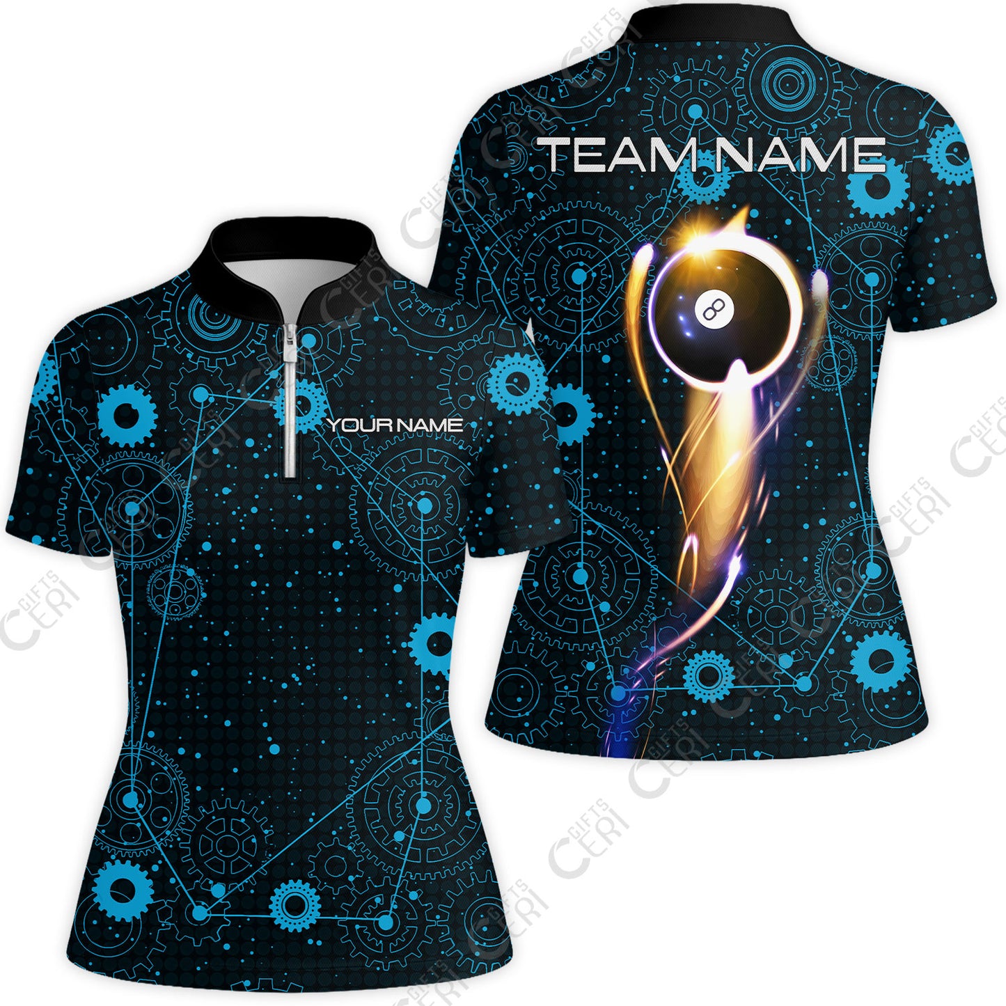 Customized Billiards Stand Collar Quarter Zip Short Sleeve Women's Shirt, Personalized 8 Ball Lighting Gear Pattern Jersey