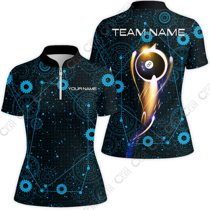 Customized Billiards Stand Collar Quarter Zip Short Sleeve Women's Shirt, Personalized 8 Ball Lighting Gear Pattern Jersey