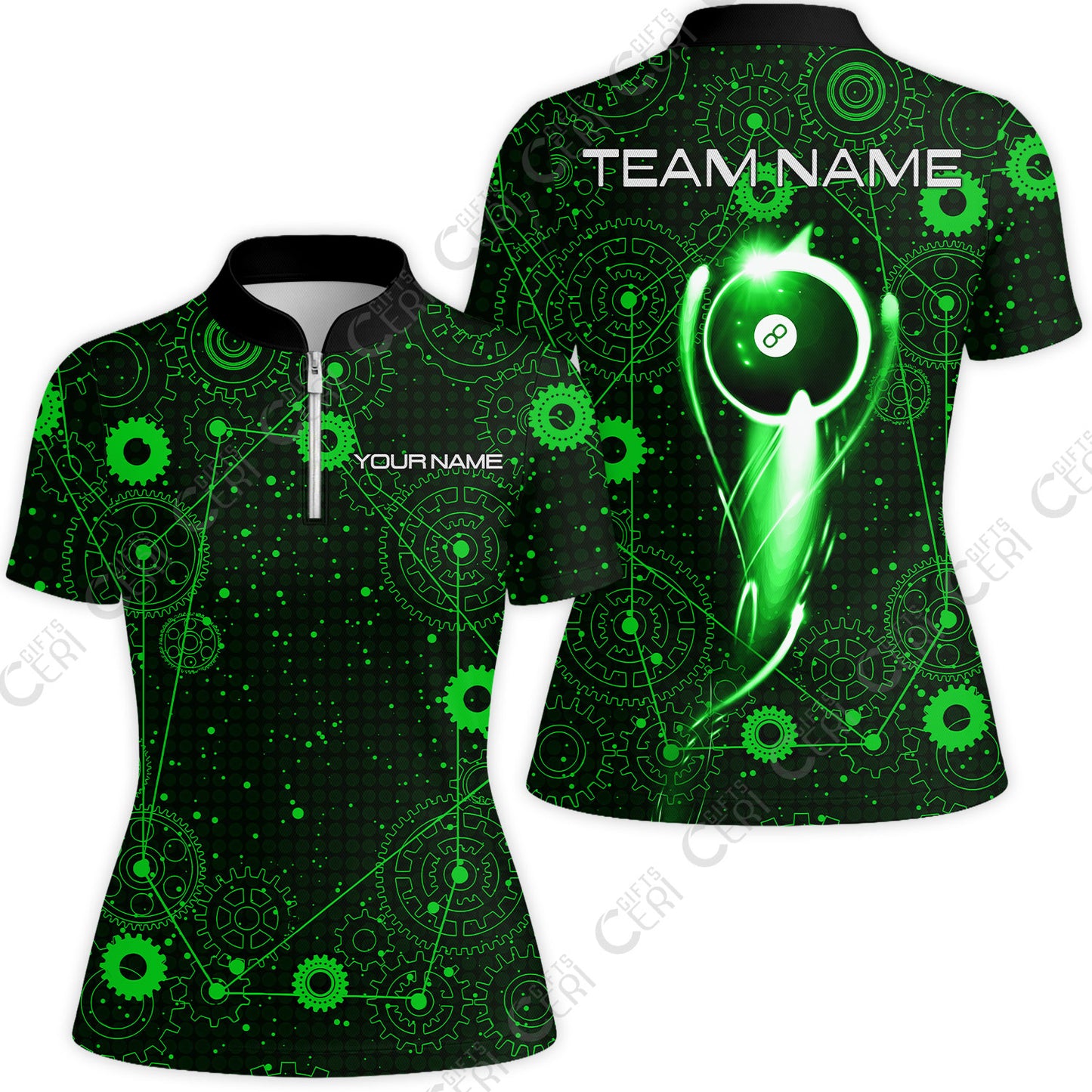 Customized Billiards Stand Collar Quarter Zip Short Sleeve Women's Shirt, Personalized 8 Ball Lighting Gear Pattern Jersey