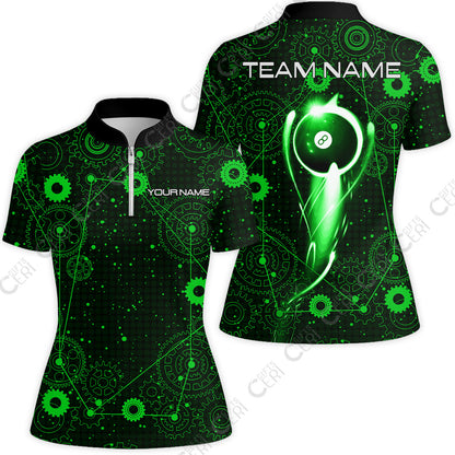 Customized Billiards Stand Collar Quarter Zip Short Sleeve Women's Shirt, Personalized 8 Ball Lighting Gear Pattern Jersey