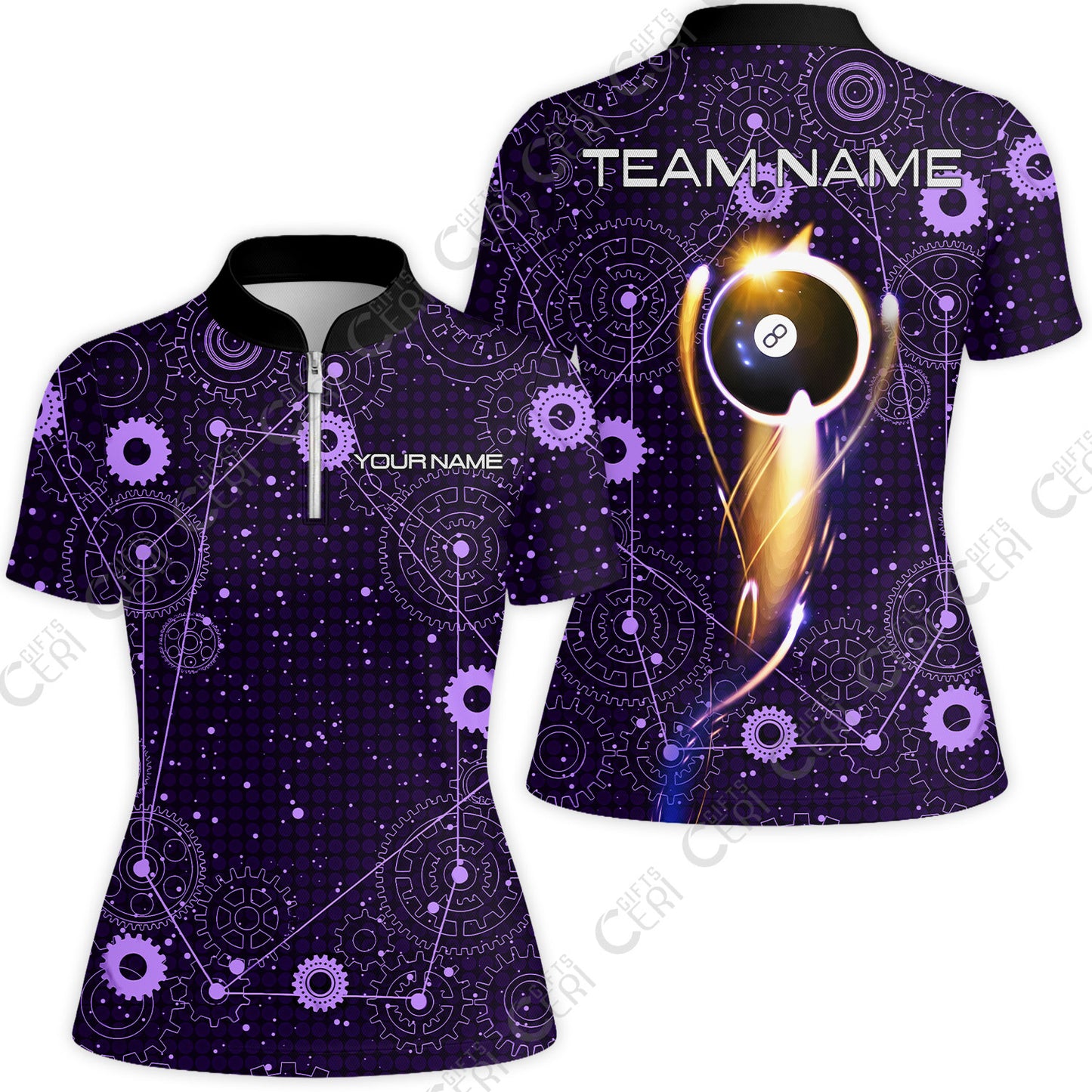 Customized Billiards Stand Collar Quarter Zip Short Sleeve Women's Shirt, Personalized 8 Ball Lighting Gear Pattern Jersey