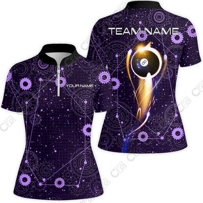 Customized Billiards Stand Collar Quarter Zip Short Sleeve Women's Shirt, Personalized 8 Ball Lighting Gear Pattern Jersey