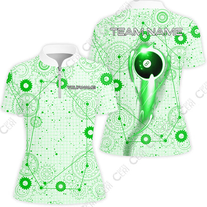 Customized Billiards Stand Collar Quarter Zip Short Sleeve Women's Shirt, Personalized 8 Ball Lighting Gear Pattern Jersey