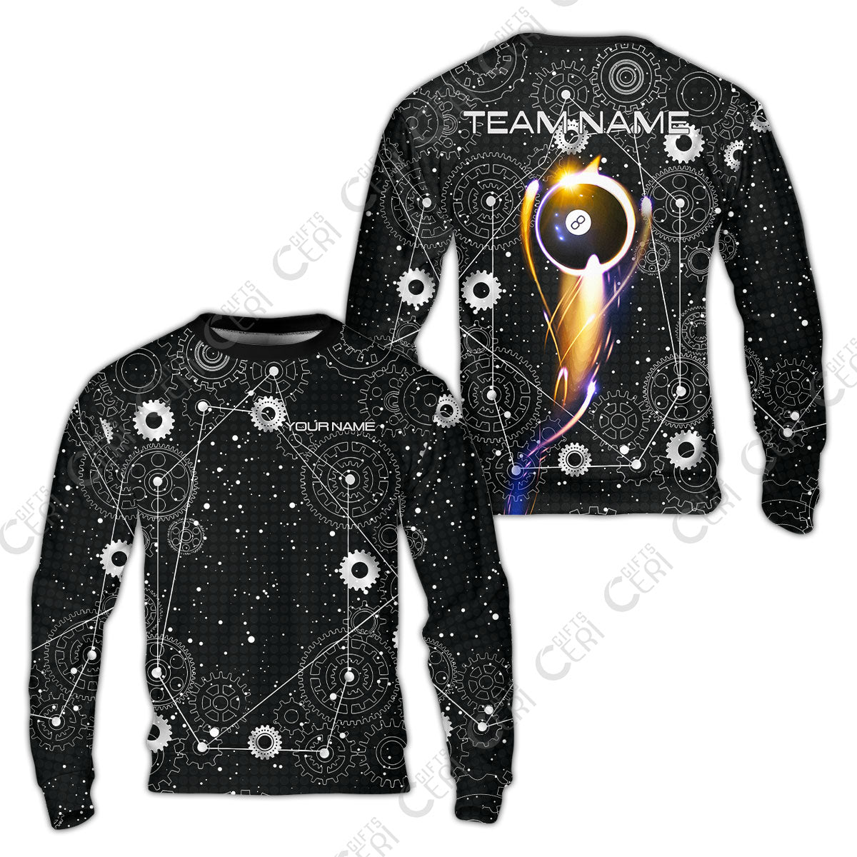 Customized Billiards Sweatshirt, Personalized Billiard 8 Ball Lighting Gear Pattern Jersey Gift For Billiard Players