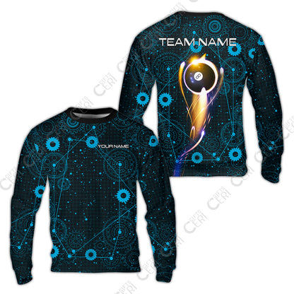 Customized Billiards Sweatshirt, Personalized Billiard 8 Ball Lighting Gear Pattern Jersey Gift For Billiard Players