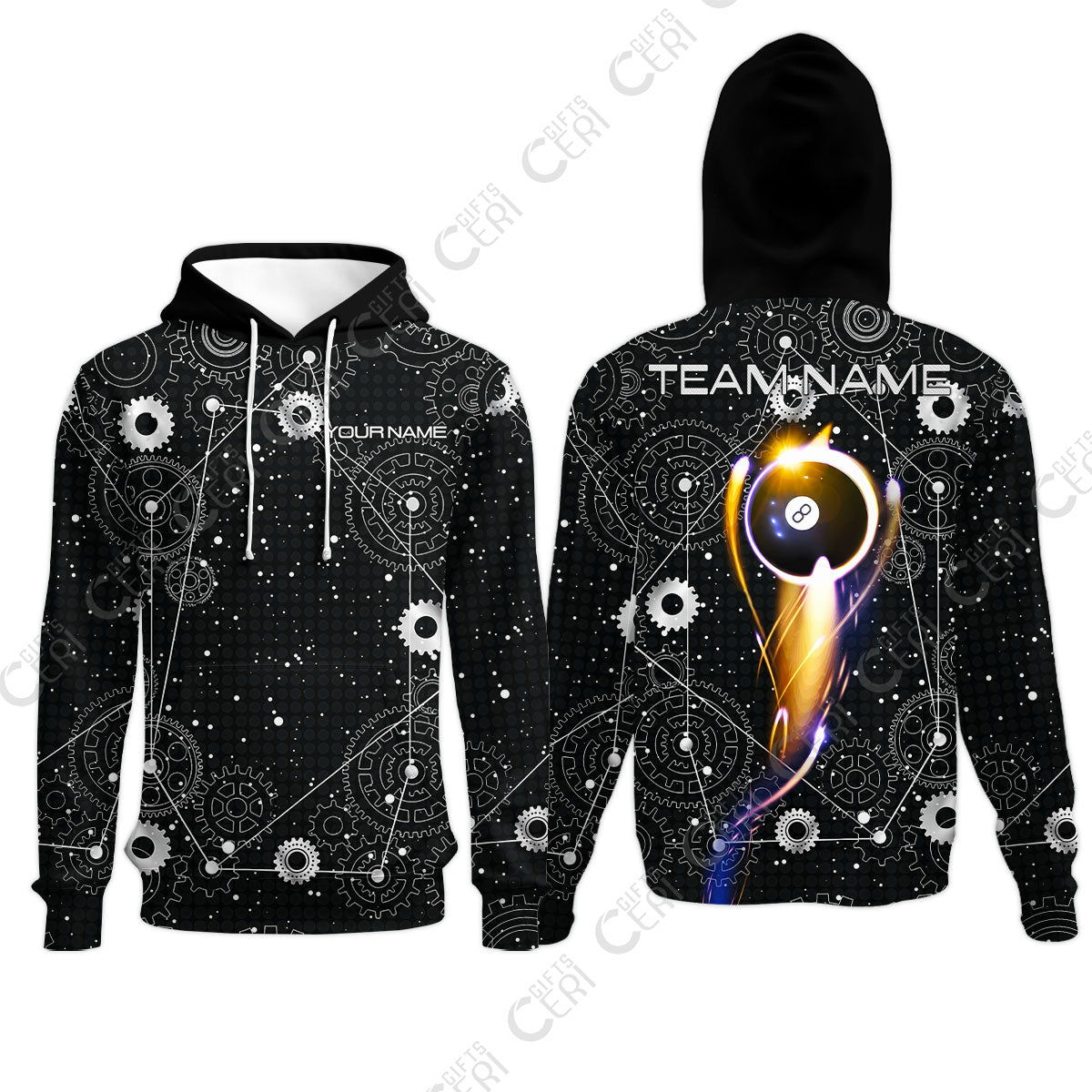 Customized Billiards Hoodies, Personalized Billiard 8 Ball Lighting Gear Pattern Jersey Gift For Billiard Players