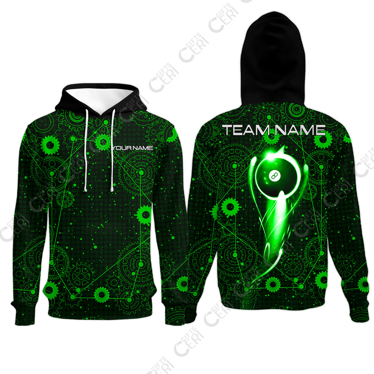 Customized Billiards Hoodies, Personalized Billiard 8 Ball Lighting Gear Pattern Jersey Gift For Billiard Players