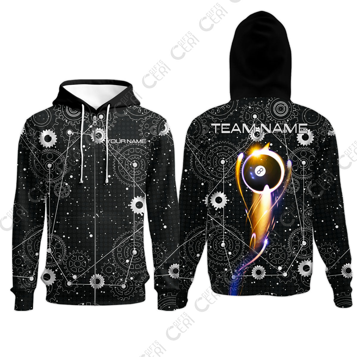 Customized Billiards Zip Hoodies, Personalized Billiard 8 Ball Lighting Gear Pattern Jersey Gift For Billiard Players