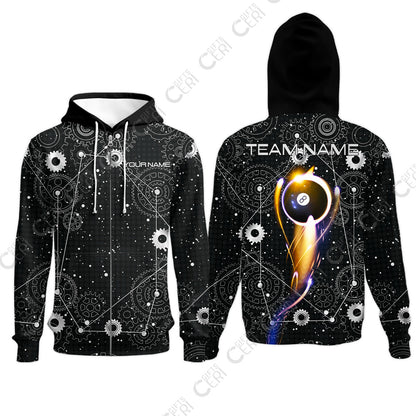 Customized Billiards Zip Hoodies, Personalized Billiard 8 Ball Lighting Gear Pattern Jersey Gift For Billiard Players