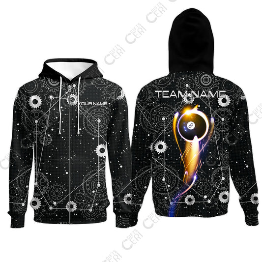 Customized Billiards Zip Hoodies, Personalized Billiard 8 Ball Lighting Gear Pattern Jersey Gift For Billiard Players
