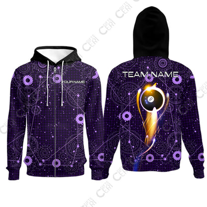Customized Billiards Zip Hoodies, Personalized Billiard 8 Ball Lighting Gear Pattern Jersey Gift For Billiard Players