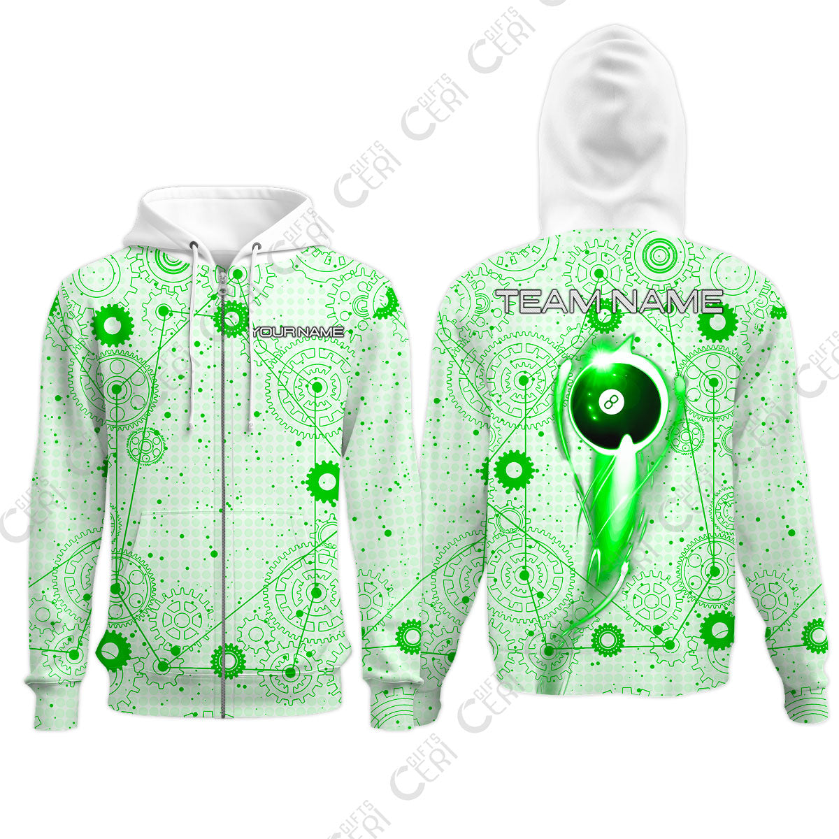 Customized Billiards Zip Hoodies, Personalized Billiard 8 Ball Lighting Gear Pattern Jersey Gift For Billiard Players
