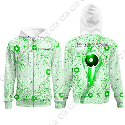 Customized Billiards Zip Hoodies, Personalized Billiard 8 Ball Lighting Gear Pattern Jersey Gift For Billiard Players