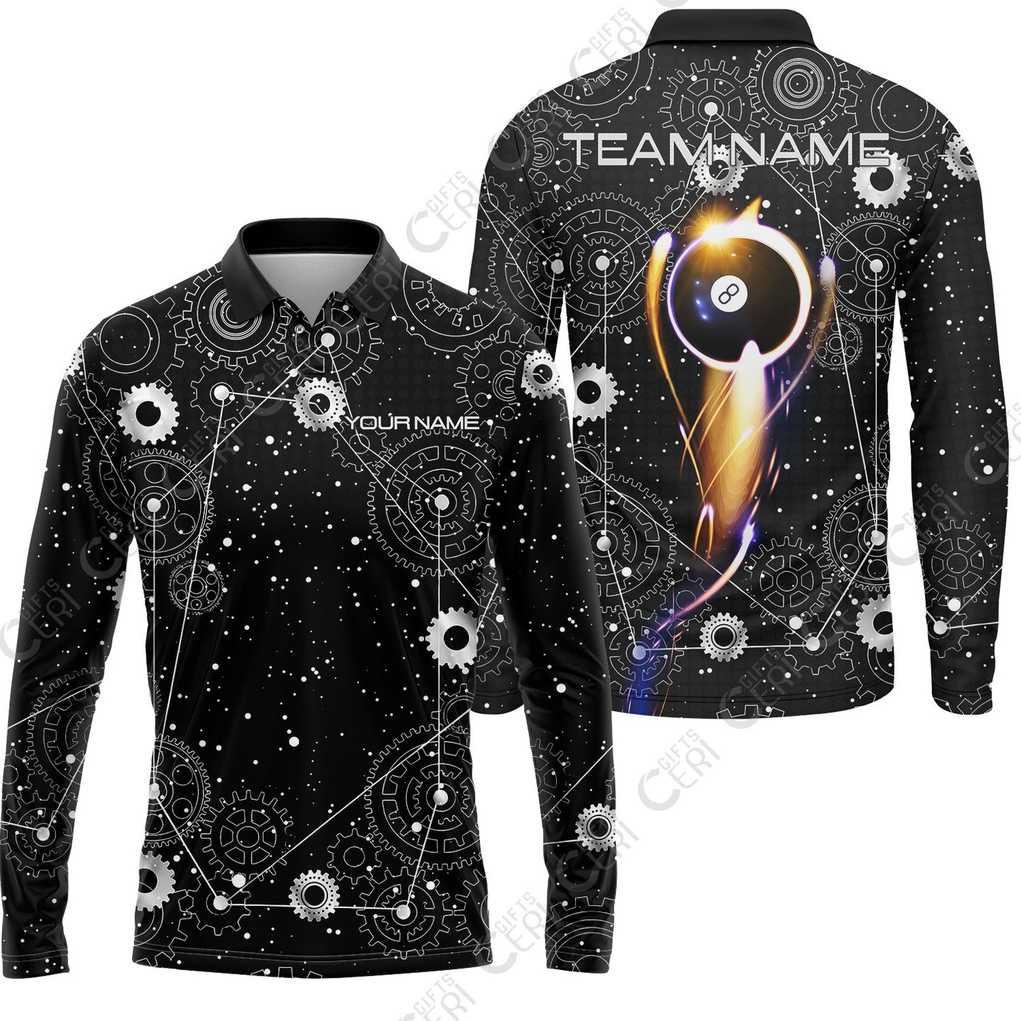 Customized Billiards Long Sleeve Polo Shirt, Personalized 8 Ball Lighting Gear Pattern Jersey Gift For Billiard Players