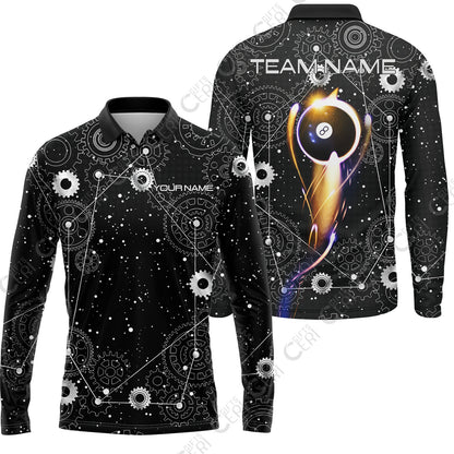 Customized Billiards Long Sleeve Polo Shirt, Personalized 8 Ball Lighting Gear Pattern Jersey Gift For Billiard Players