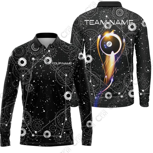 Customized Billiards Long Sleeve Polo Shirt, Personalized 8 Ball Lighting Gear Pattern Jersey Gift For Billiard Players