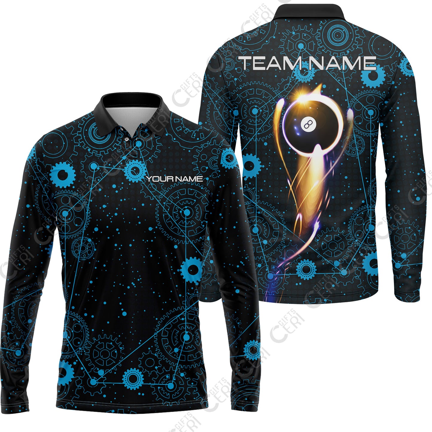 Customized Billiards Long Sleeve Polo Shirt, Personalized 8 Ball Lighting Gear Pattern Jersey Gift For Billiard Players