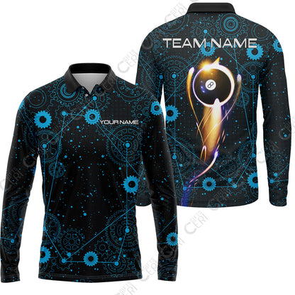 Customized Billiards Long Sleeve Polo Shirt, Personalized 8 Ball Lighting Gear Pattern Jersey Gift For Billiard Players