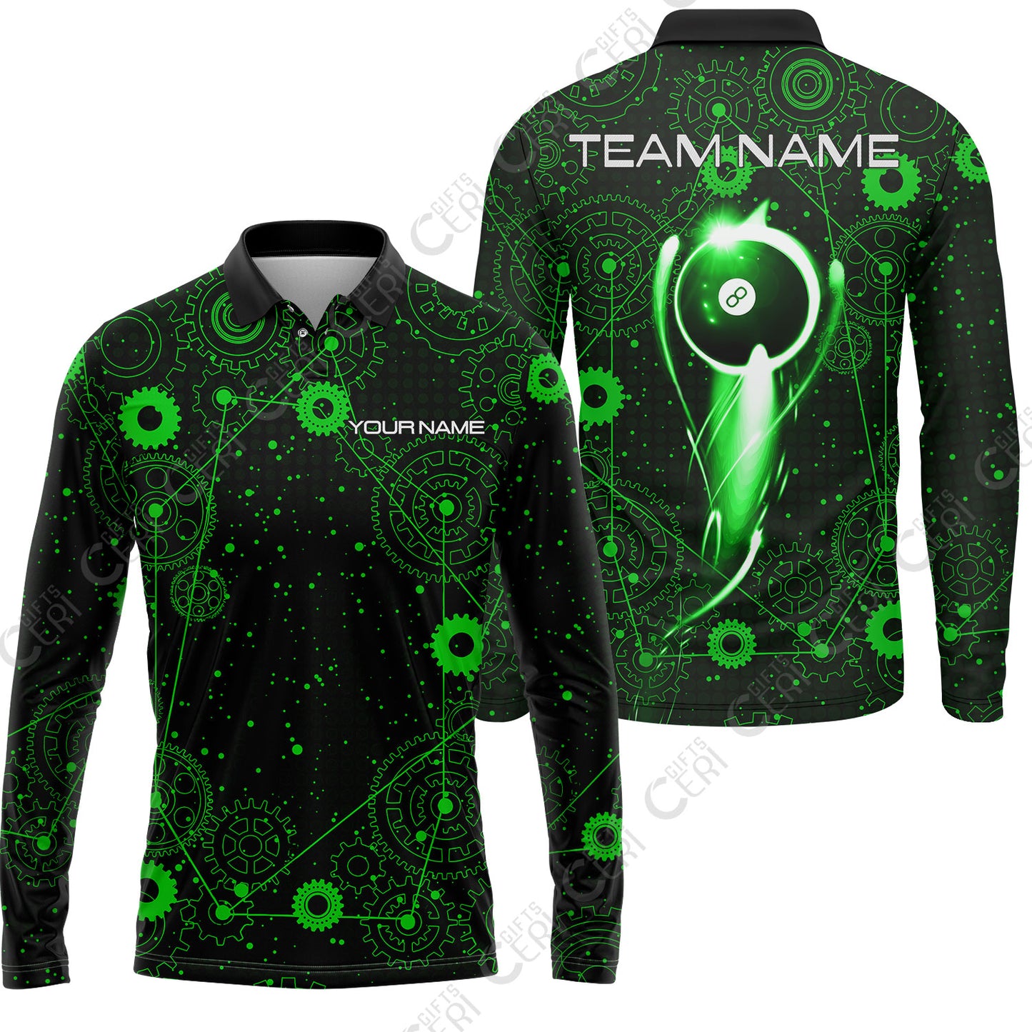 Customized Billiards Long Sleeve Polo Shirt, Personalized 8 Ball Lighting Gear Pattern Jersey Gift For Billiard Players