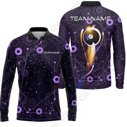 Customized Billiards Long Sleeve Polo Shirt, Personalized 8 Ball Lighting Gear Pattern Jersey Gift For Billiard Players