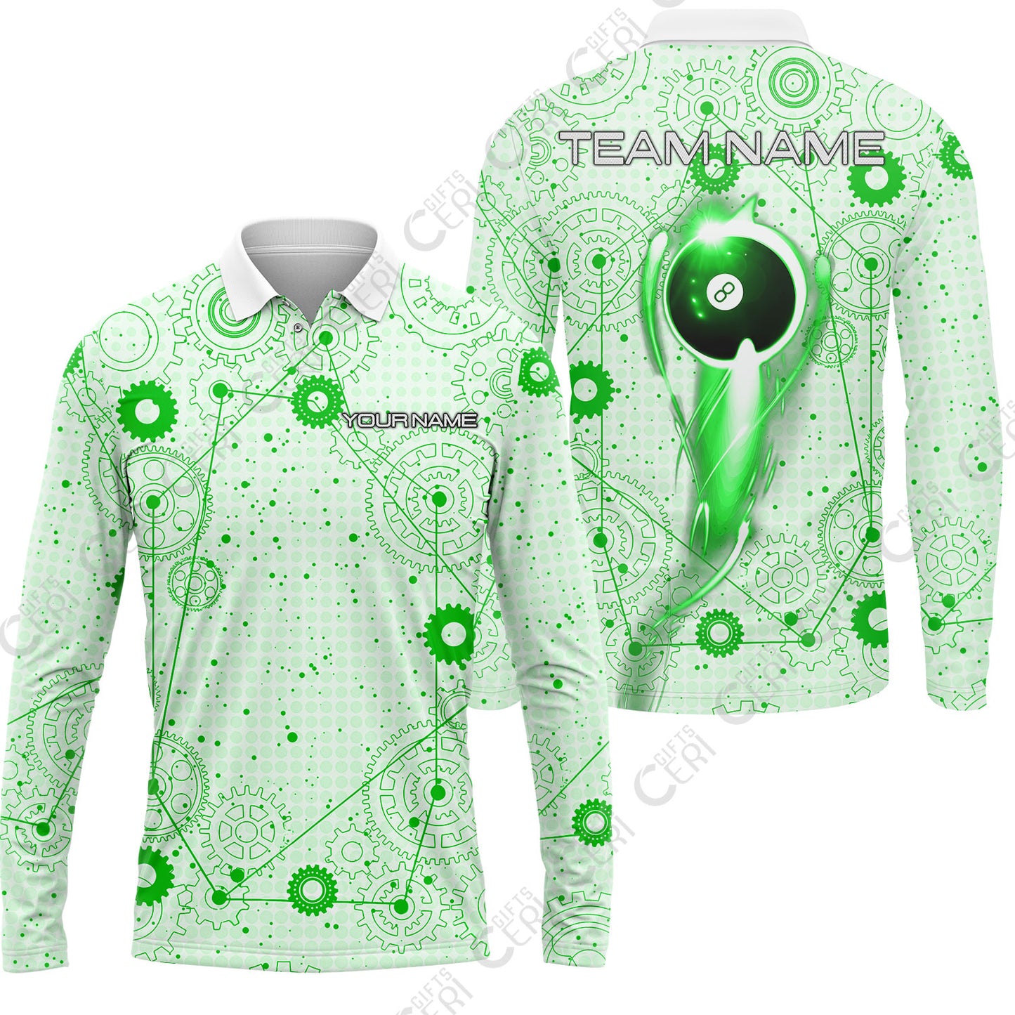 Customized Billiards Long Sleeve Polo Shirt, Personalized 8 Ball Lighting Gear Pattern Jersey Gift For Billiard Players