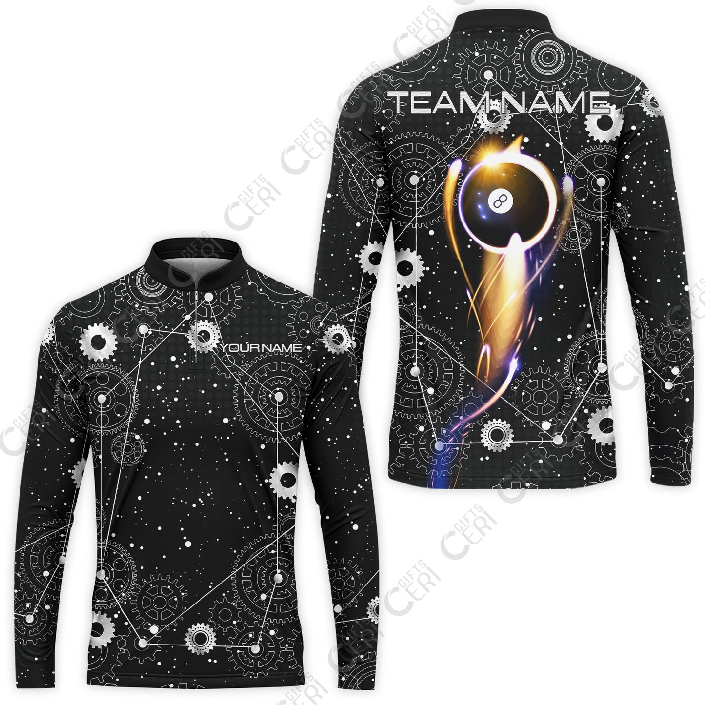 Customized Billiards Stand Collar Quarter-Zip Long Sleeve Jersey, Personalized 8 Ball Lighting Gear Pattern Jersey