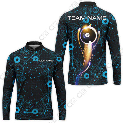 Customized Billiards Stand Collar Quarter-Zip Long Sleeve Jersey, Personalized 8 Ball Lighting Gear Pattern Jersey