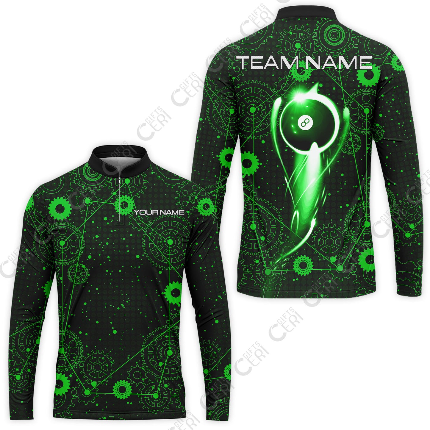 Customized Billiards Stand Collar Quarter-Zip Long Sleeve Jersey, Personalized 8 Ball Lighting Gear Pattern Jersey