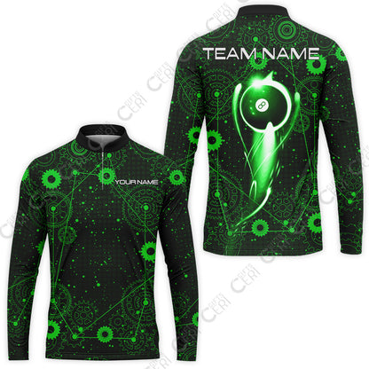 Customized Billiards Stand Collar Quarter-Zip Long Sleeve Jersey, Personalized 8 Ball Lighting Gear Pattern Jersey