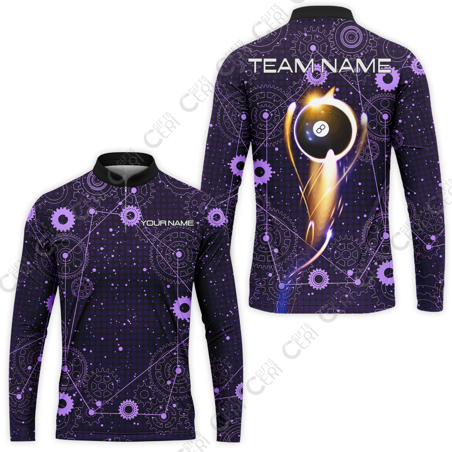 Customized Billiards Stand Collar Quarter-Zip Long Sleeve Jersey, Personalized 8 Ball Lighting Gear Pattern Jersey