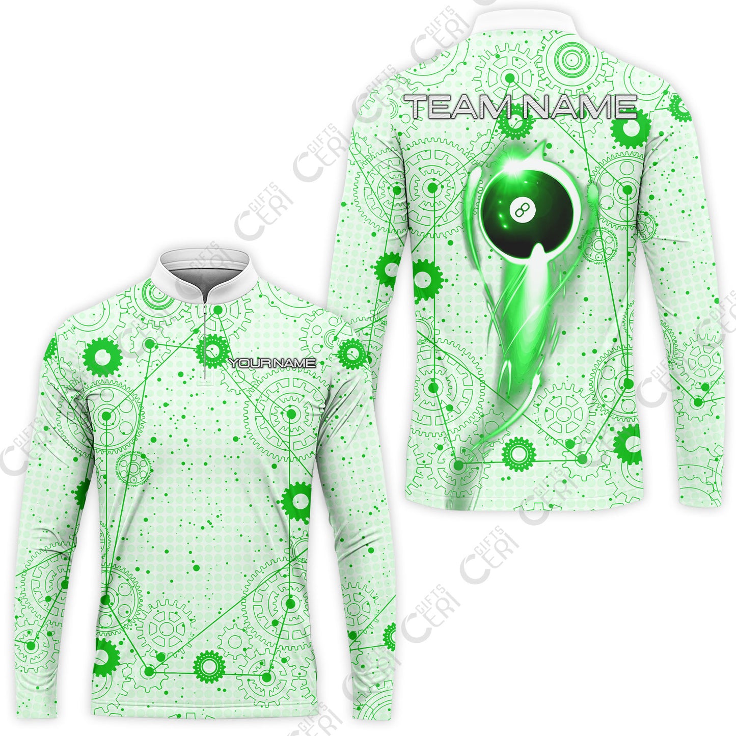 Customized Billiards Stand Collar Quarter-Zip Long Sleeve Jersey, Personalized 8 Ball Lighting Gear Pattern Jersey