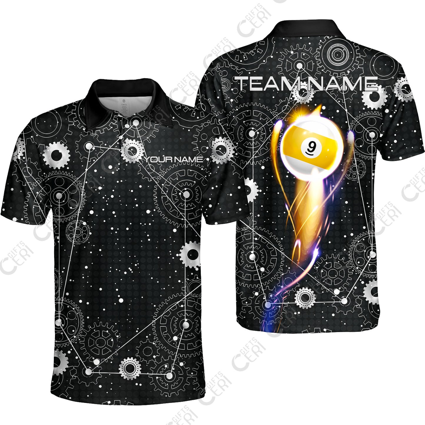 Customized Billiards Unisex Polo Shirt, Personalized 9 Ball Lighting Gear Pattern Jersey Gift For Billiard Players