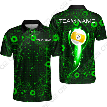 Customized Billiards Unisex Polo Shirt, Personalized 9 Ball Lighting Gear Pattern Jersey Gift For Billiard Players